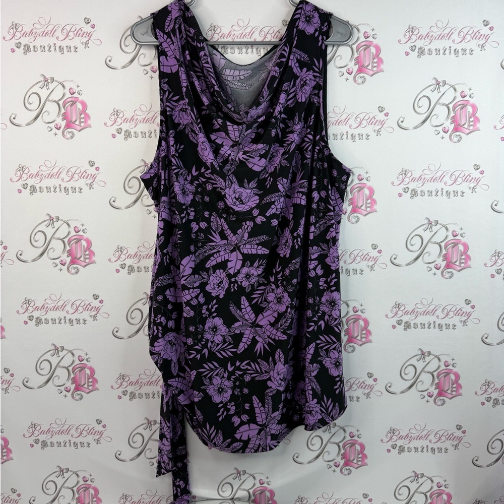 Tank top flowers ribbon string bottom Floral Purple and Black Women's Top